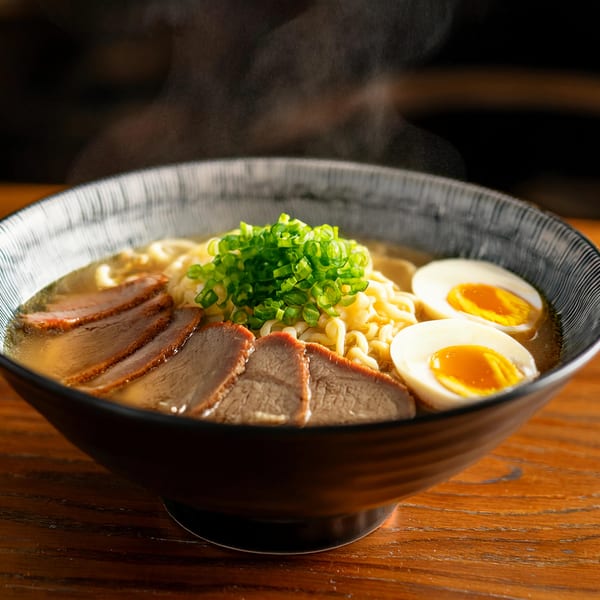 Steaming bowl of ramen with sliced pork, soft-boiled eggs, and green onions on a wooden table.