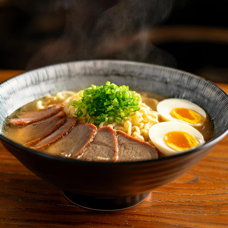 Steaming bowl of ramen with sliced pork, soft-boiled eggs, and green onions on a wooden table.