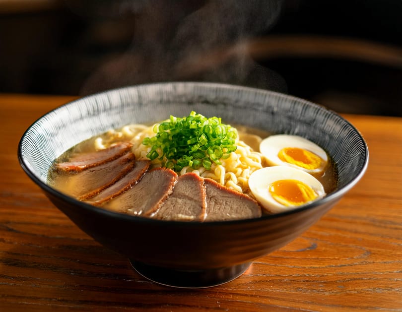 Steaming bowl of ramen with sliced pork, soft-boiled eggs, and green onions on a wooden table.